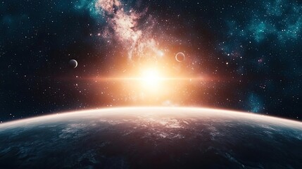 Obraz premium Dark sky concept. Stunning cosmic view of planets and a rising sun over Earth in the vast universe.