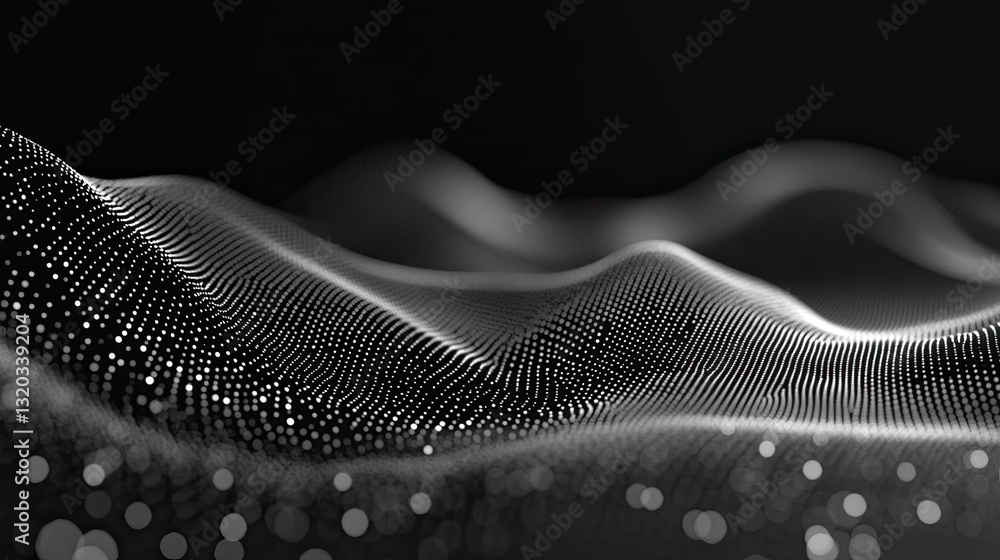 Poster elegant flowing dots in wave formation, dynamic motion effect with depth and dimension