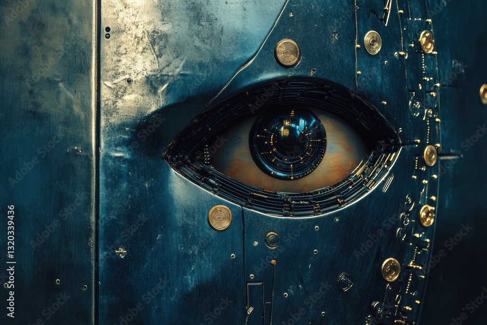 Aufkleber Shield displaying cybernetic patterns with a robotic eye representing artificial intelligence in cybersecurity for modern protection