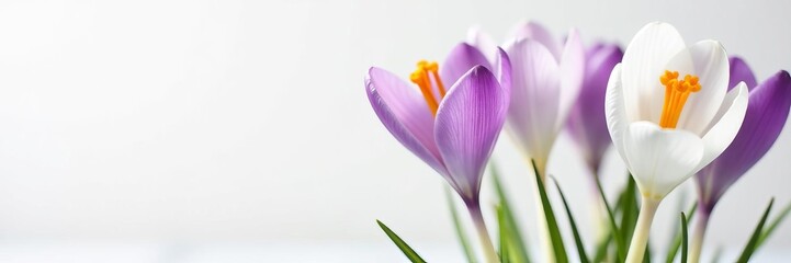 Obraz premium Close up of delicate crocus flowers in full bloom against a white backdrop, beautiful, fresh