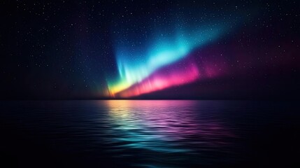 Naklejka premium Dark sky idea. A stunning view of the northern lights shimmering over calm waters at night.