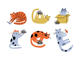 Cute funny cats in different comic poses. Adorable feline animals, clumsy funny kittens sleeping, lying, playing in funny poses. Flat vector illustration on white background