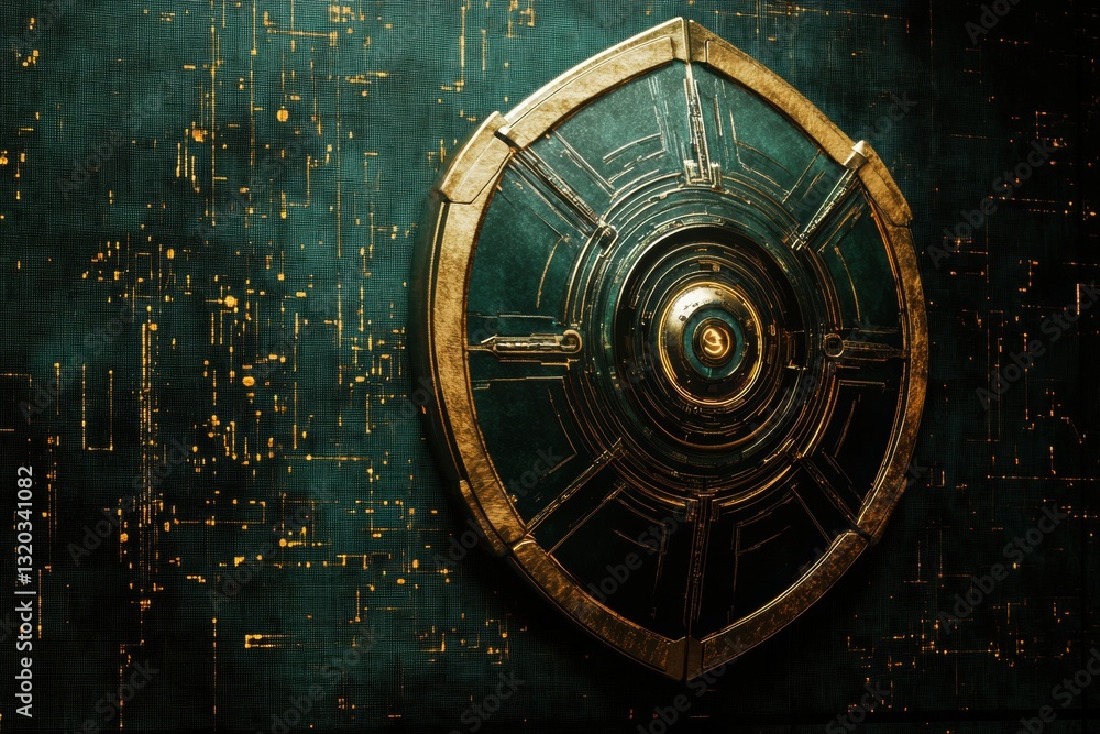 Aufkleber Shield featuring cybernetic patterns and robotic eye represents AI in cybersecurity, designed with rule of thirds and golden ratio principles