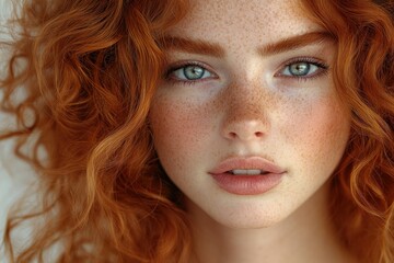 Beautiful young woman with curly red hair and freckles in natural lighting closeup portrait