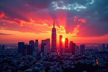 Fototapeta premium Fiery sunset paints urban skyline, towering buildings silhouetted against vibrant sky, skyscrapers, illumination
