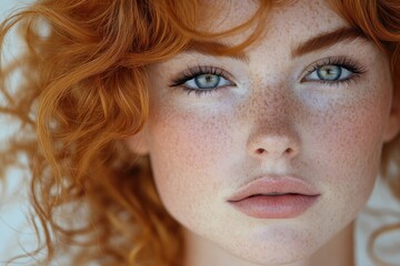 Young woman with curly red hair and freckles in natural light