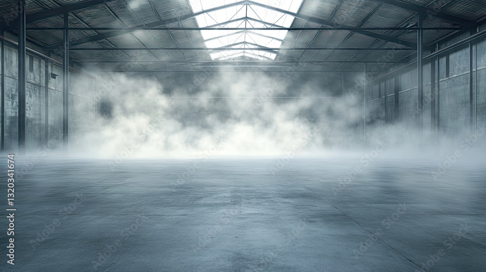 Poster empty concrete warehouse floor with soft drifting smoke, creating depth and atmosphere
