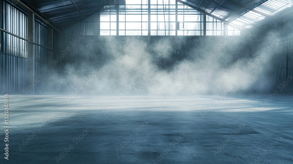 Poster empty concrete warehouse floor with soft drifting smoke, creating depth and atmosphere