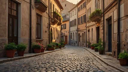 Fototapeta premium Sunlit Cobblestone Street in a Historic European Town