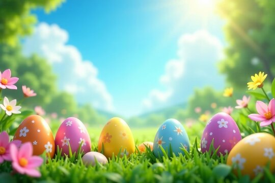 Colorful Easter eggs in a sunny garden with blue sky and fluffy clouds, celebration, blue sky