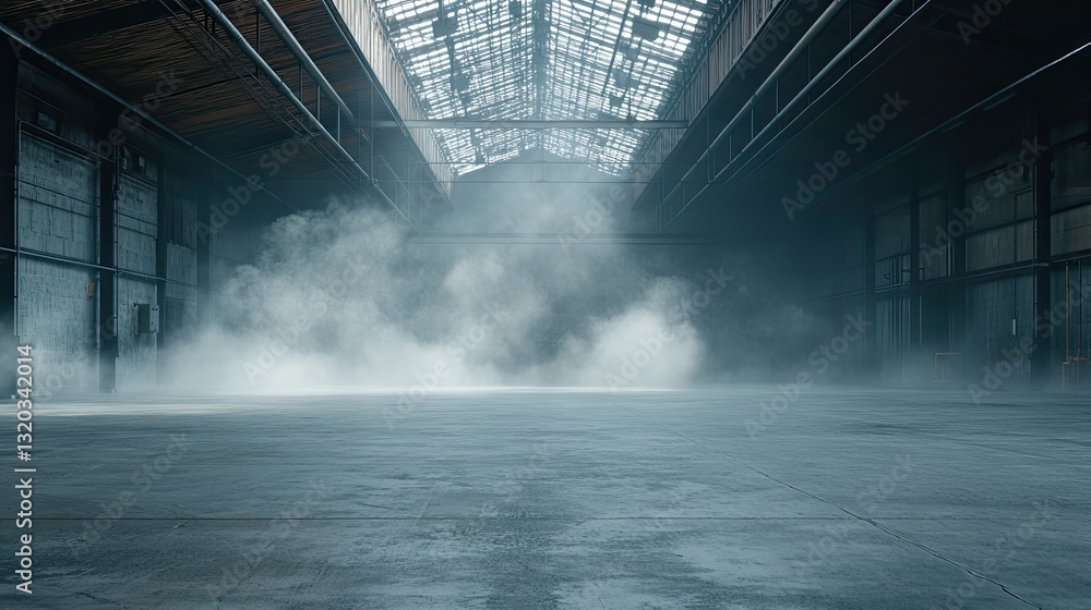 Poster empty concrete warehouse floor with soft drifting smoke, creating depth and atmosphere