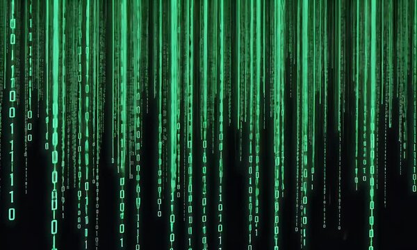A digital representation of cascading green binary code, evoking themes of technology and cyberspace.