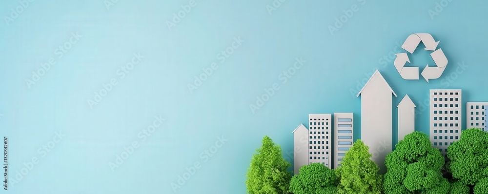 Poster automated efficiency productivity monitoring concept. eco-friendly cityscape with trees and recyclin