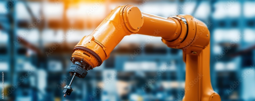 Poster automated efficiency productivity monitoring concept. industrial robotic arm in a manufacturing sett