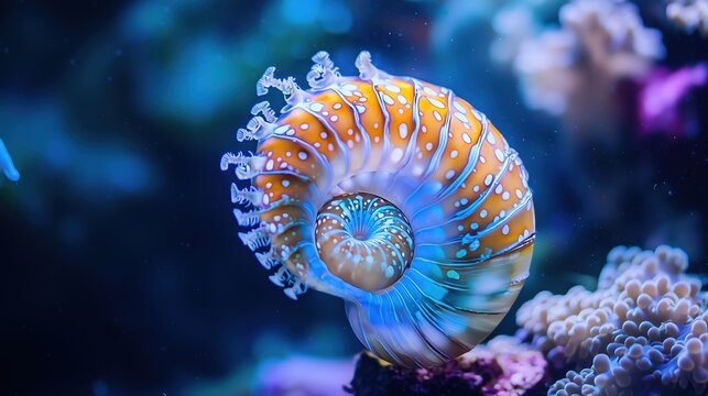 Intricate spiral pattern of a nautilus shell illuminated in a vibrant underwater aquarium environment

