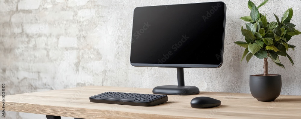 Aufkleber automated efficiency productivity monitoring concept. modern workspace with a computer, keyboard, mo