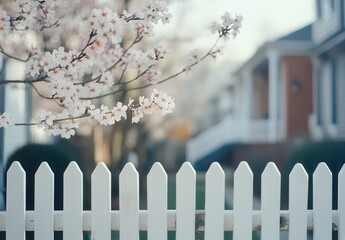Serene Spring Scene with Blooming Cherry Blossom Tree and Wooden Picket Fence Near Cozy Suburban Homes in Soft Natural Light