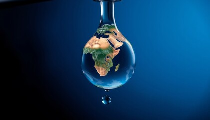 Earth Reflected in a Water Droplet Against a Blue Background