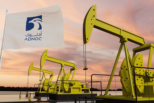 Nice pumpjack oil extraction and cloudy sky in sunset with the ADNOC  flag The United Arab Emirates UAE 3D rendering