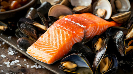 Seafood Symphony: A vibrant composition featuring succulent salmon fillet and a medley of fresh mussels and clams arranged artfully, evoking the flavors of the sea. 