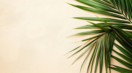 Fresh coconut palm leaf on a sandy beige background with text-friendly empty space, top view