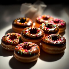 donuts with chocolate spread and colorful
sprinkles on a white background