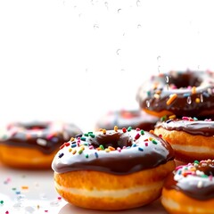 donuts with chocolate spread and colorful
sprinkles on a white background