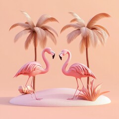 Obraz premium Tropical Flamingo Scene with Palm Trees and Pastel Colors