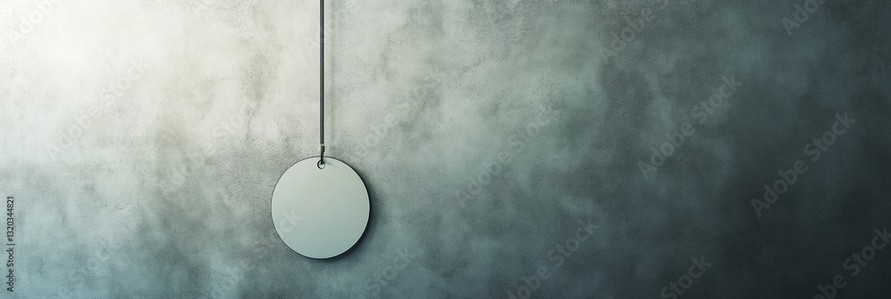 Poster minimalist work badge hangs gracefully against a textured office wall softly illuminated by ambient 