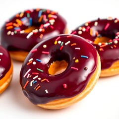 donuts with chocolate spread and colorful
sprinkles on a white background