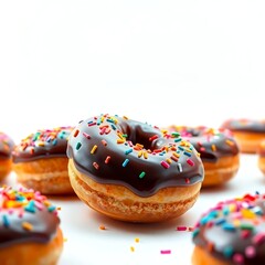 donuts with chocolate spread and colorful
sprinkles on a white background