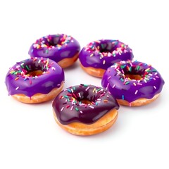 donuts with chocolate spread and colorful
sprinkles on a white background