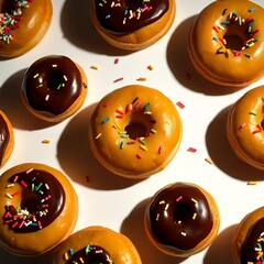 donuts with chocolate spread and colorful
sprinkles on a white background