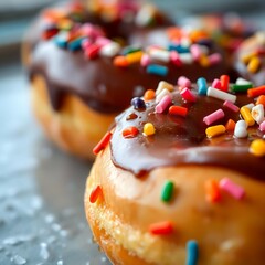 donuts with chocolate spread and colorful
sprinkles on a white background