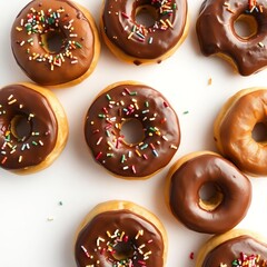 donuts with chocolate spread and colorful
sprinkles on a white background