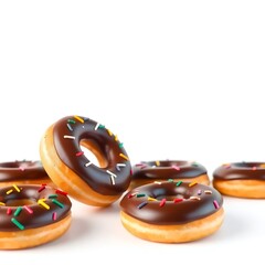 donuts with chocolate spread and colorful
sprinkles on a white background