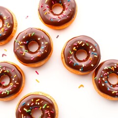 donuts with chocolate spread and colorful
sprinkles on a white background