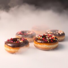 donuts with chocolate spread and colorful
sprinkles on a white background
