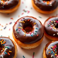 donuts with chocolate spread and colorful
sprinkles on a white background