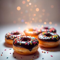 donuts with chocolate spread and colorful
sprinkles on a white background