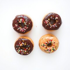 donuts with chocolate spread and colorful
sprinkles on a white background