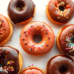 donuts with chocolate spread and colorful
sprinkles on a white background