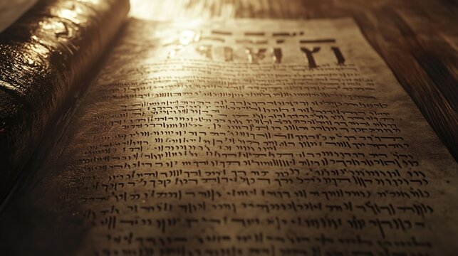 Close up of ancient Hebrew text on parchment, illuminated by warm golden light, emphasizing the historical and spiritual significance of the scripture