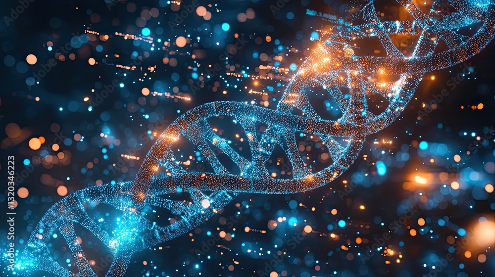 Poster futuristic genetic research background with a luminous dna helix and floating data points