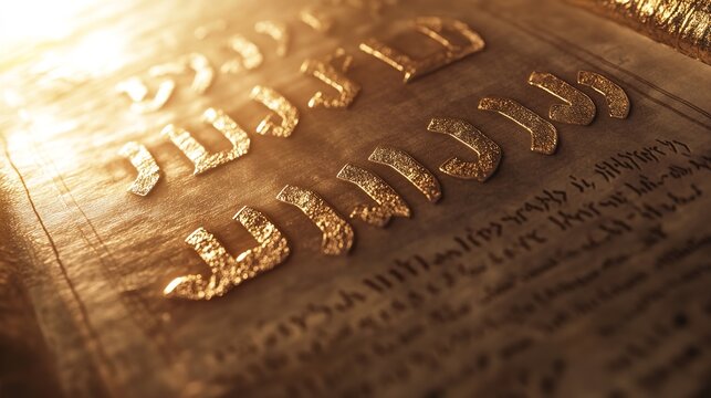 Close up of ancient Hebrew text on parchment, illuminated by warm golden light, emphasizing the historical and spiritual significance of the scripture