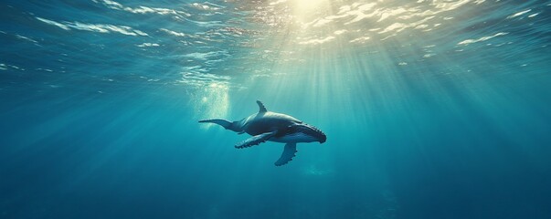 Fototapeta premium A large whale swimming gracefully underwater with light rays above