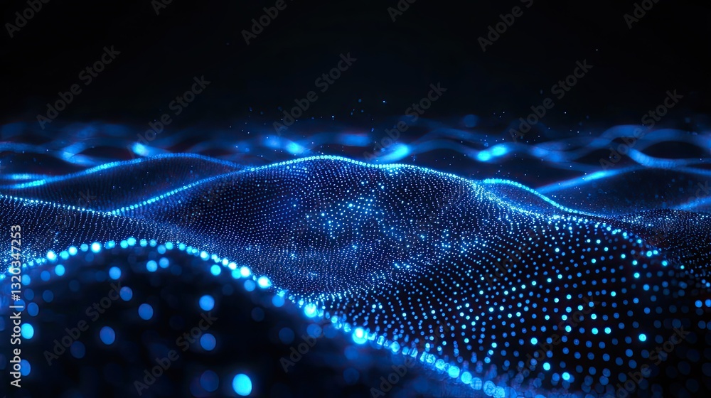 Aufkleber futuristic wave of glowing blue dots on a black background, creating a high-tech abstract design