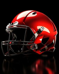 Fototapeta premium A shiny red football helmet with metallic faceguard and clips