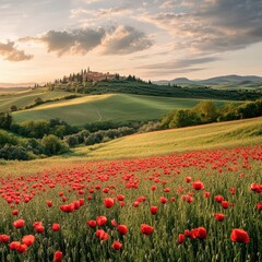 Serene Tuscan Landscape at Sunset with Vibrant Red Poppies in Bloom, Rolling Hills and Historic Village Surrounded by Lush Greenery and Colorful Sky