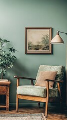 Serene interior featuring vintage armchair, landscape art, and green wall